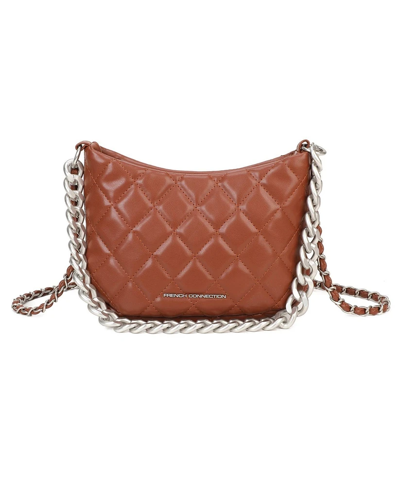 French Connection Eliza Diamond Quilted with Metallic Chain Dual Handles , Medium Brown