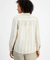 Charter Club Petite Linen Striped Roll-Tab-Sleeve Shirt, Exclusively for Macy's