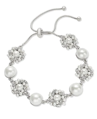 Charter Club Silver-Tone Pave & Imitation Pearl Cluster Slider Bracelet, Created for Macy's