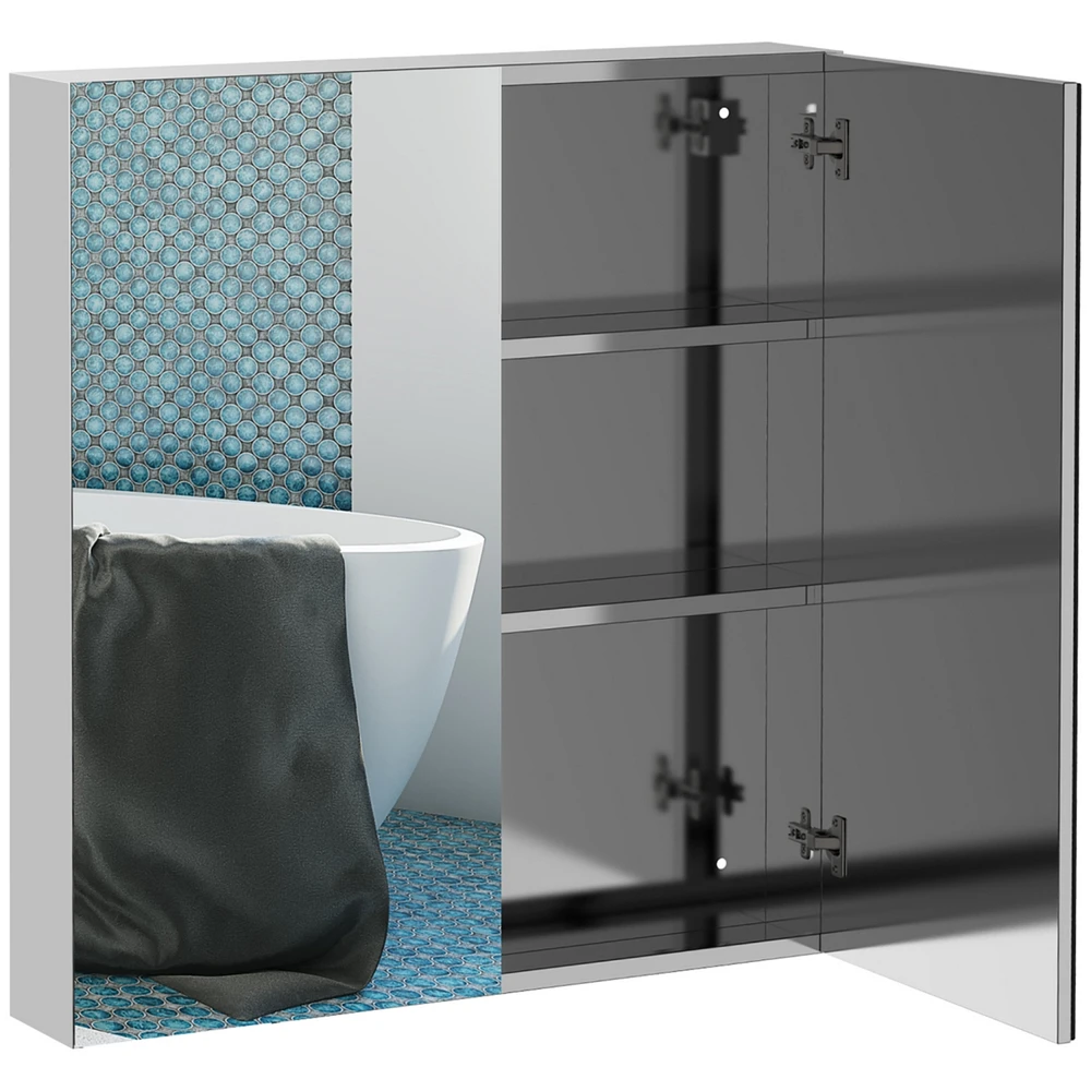 Bathroom Mirrored Cabinet, 24"x26" Stainless Steel Frame Medicine Cabinet, Wall-Mounted Storage Organizer with Double Doors, Silver