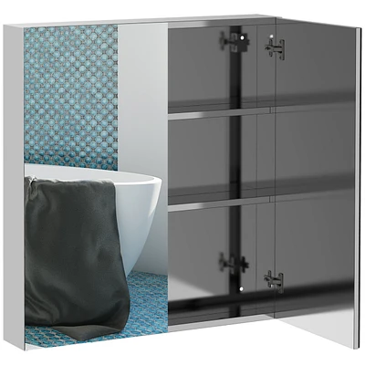 Bathroom Mirrored Cabinet, 24"x26" Stainless Steel Frame Medicine Cabinet, Wall-Mounted Storage Organizer with Double Doors, Silver