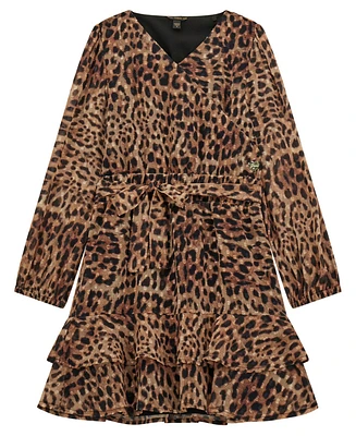 Guess Big Girls Leopard Chiffon Long Sleeve Dress with Removable Belt