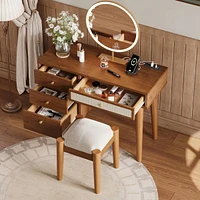 39" Retro Bohemian Style Wooden Makeup Vanity Set with Charging Plug&Usb Port and Stool, Dressing Table with 3 Storage Drawers and 1 Rectangular