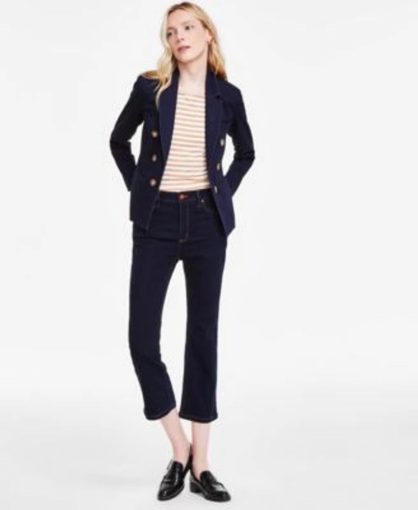 Jones New York Womens City Denim Faux Double Breasted Blazer Striped Boat Neck Button Shoulder Top Mid Rise Cropped Kick Flare Jeans