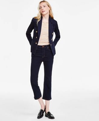 Jones New York Womens City Denim Faux Double Breasted Blazer Striped Boat Neck Button Shoulder Top Mid Rise Cropped Kick Flare Jeans