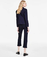 Jones New York Womens City Denim Faux Double Breasted Blazer Striped Boat Neck Button Shoulder Top Mid Rise Cropped Kick Flare Jeans