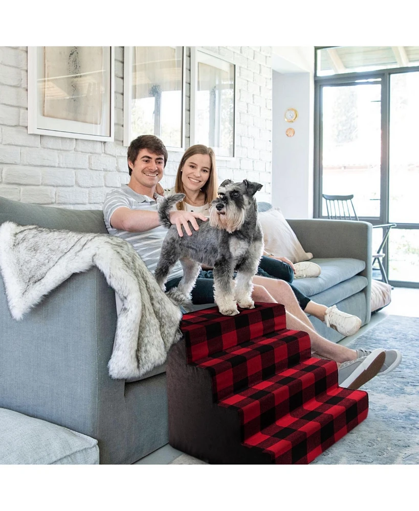 Home Base Dog Steps, 4-Step Design Pet Stairs for Small Dogs and Cats, Ramp for High Beds and Couch, Plaid, Soft, High Density Foam