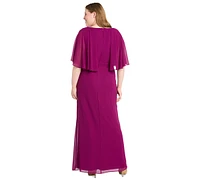 R & M Richards Plus Size Cape-Sleeve Embellished-Waist Gown