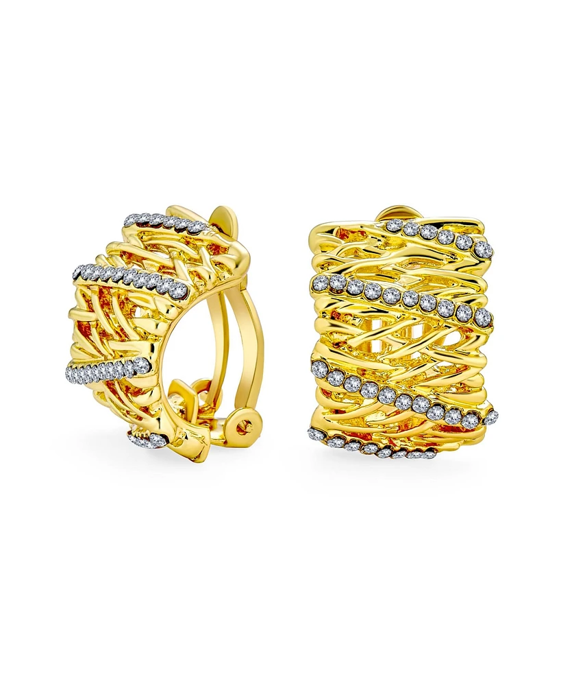 Bling Jewelry Twisted Basket Weave Crystal Hoop Clip On Earring Ears Gold Plated