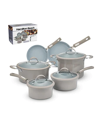 Hamilton Beach Cookware Set, 10-Pieces, Pots, Pans, and Glass Lids, Nonstick Pfoa-Free, Ptfe-Free Ceramic Interior, Heavy-Duty Aluminum Construction,