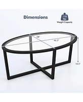 Gymax Modern Glass Coffee Table w/ Cross Base & Acacia Wood Legs for Small Spaces