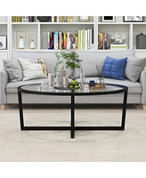 Gymax Modern Glass Coffee Table w/ Cross Base & Acacia Wood Legs for Small Spaces