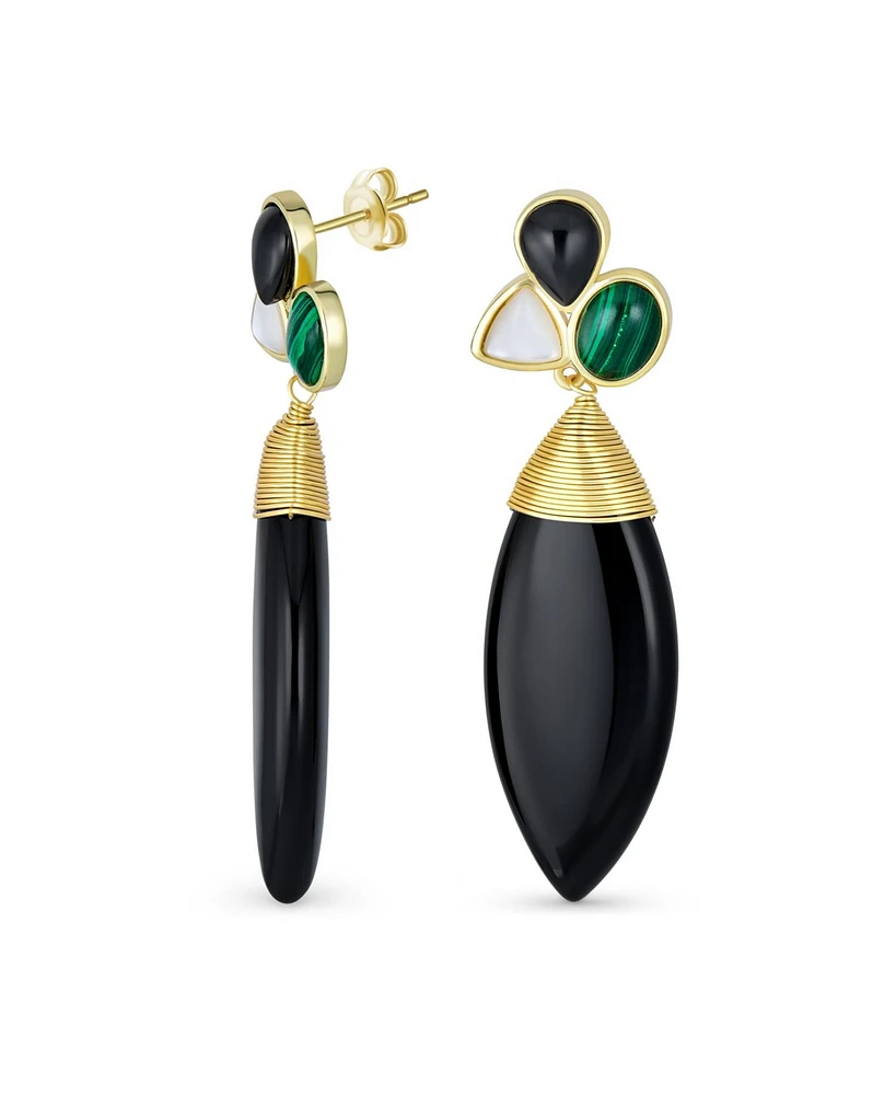 Bling Jewelry Fashion Multi Color Cluster Accent Wire Wrap Large Pointed Pear Shape Natural Green White Black Onyx Teardrop Drop Earrings Yellow Gold