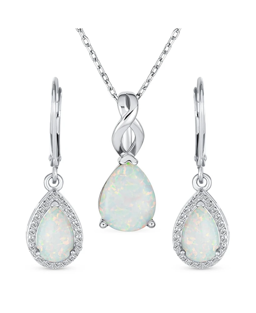 Bling Jewelry Traditional Elegant Cz Accent Halo Solitaire White Created Opal Teardrop Earrings Pendant Jewelry Set For Women .925 Sterling Silver