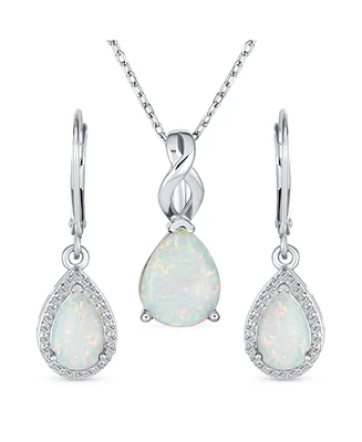 Bling Jewelry Traditional Elegant Cz Accent Halo Solitaire White Created Opal Teardrop Earrings Pendant Jewelry Set For Women .925 Sterling Silver