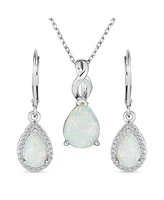 Bling Jewelry Traditional Elegant Cz Accent Halo Solitaire White Created Opal Teardrop Earrings Pendant Jewelry Set For Women .925 Sterling Silver