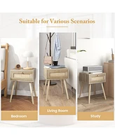 Gymax Nightstand Bedside End Sofa Table with Rattan Drawer for Bedroom & Living Room