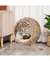 20.5" Weaved Cat Bed, Elevated Hand-woven Braided Banana Leaf Kitten House Condo with Cushion, Beige