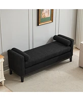 66.34" W Elegant Upholstered Bench, Daybed, Ottoman with Wood Legs & 2 Bolster Pillows for End of Bed, Bedroom, Living Room, Entryway, Black Bouc