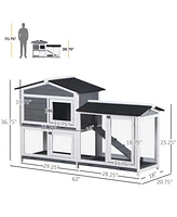 62" Rabbit Hutch, Wooden Bunny Hutch, Guinea Pig Cage, Small Animal Enclosure with Run Area, Removable Tray, Asphalt Roof, Lockable Doors and Ram