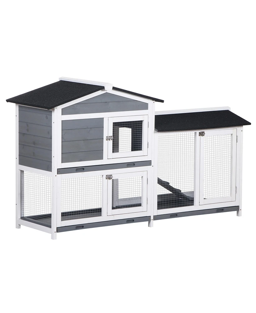 62" Rabbit Hutch, Wooden Bunny Hutch, Guinea Pig Cage, Small Animal Enclosure with Run Area, Removable Tray, Asphalt Roof, Lockable Doors and Ram