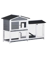 62" Rabbit Hutch, Wooden Bunny Hutch, Guinea Pig Cage, Small Animal Enclosure with Run Area, Removable Tray, Asphalt Roof, Lockable Doors and Ram