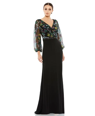 Women's Embroidered Illusion Puff Sleeve Column Gown