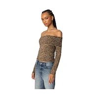 Edikted Women's Leopard Printed Fold Over Knit Top