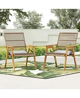 Set Of 2, Acacia Wood Cape Woven Wicker Large Lounge Chair With Pillow For Patio, Deck, Yard, Lawn And Garden Seating, Teak Finish+Natural Wicker+Ligh