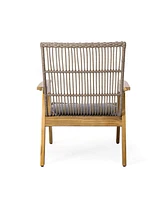 Set Of 2, Acacia Wood Cape Woven Wicker Large Lounge Chair With Pillow For Patio, Deck, Yard, Lawn And Garden Seating, Teak Finish+Natural Wicker+Ligh