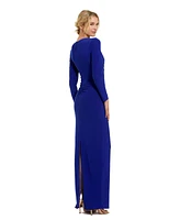 Mac Duggal Women's Long Sleeve Jersey V Neck Twist Knot Gown