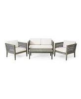 4-Pieces Acacia Wood Patio Furniture Set, Outdoor Furniture with Coffee Table, Patio Conversation Set Deep Seating with Soft Cushion, Porch Chairs for