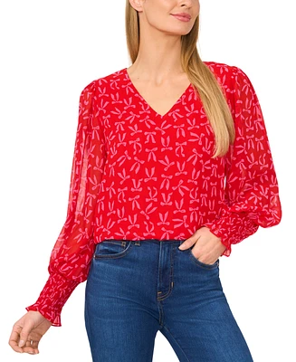 CeCe Women's Bow-Print V-Neck Smocked-Cuff Long-Sleeve Blouse