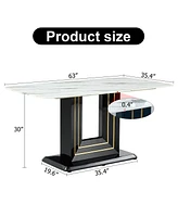Table and chair set, 1 table with 4 black Pu chairs. White imitation marble pattern desktop. Black Mdf table legs, gold lines, black base.