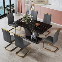 Streamdale Furniture Table and chair set, Modern minimalist rectangular dining table, 0.4 inch thick, with a black imitation marble pattern glass desk