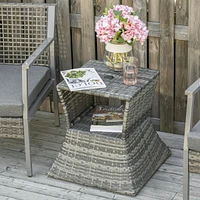 Rattan Wicker Side Table with Umbrella Hole, 2 Tier Storage Shelf for All Weather for Outdoor, Patio, Garden, Backyard, Mixed Grey