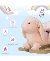 Rabbit Wooden Rocking Horse with Simulated Sound, Wooden Base, Seat Belt, Plush Stuffed Rocking Chair for Baby, Toddler, 18-36 Months, Pink