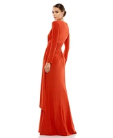 Mac Duggal Women's Ruched Long Sleeve Boat Neck Gown