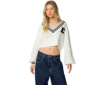 Edikted Women's Collegiate Cropped Cable Knit Sweater