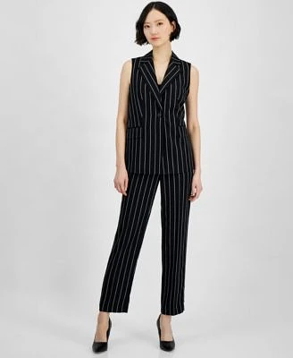 Klein Womens Pinstripe Sleeveless Single Button Blazer Mid Rise Pull On Pants