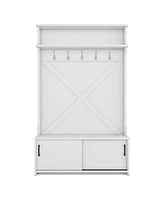 Hall Tree with Top Shelf and Storage Bench, Hallway Shoe Cabinet with Sliding Doors, Coat Rack with 5 Hanging Hooks for Entryways Hallways, White