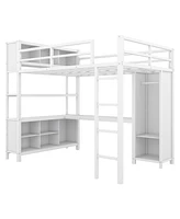 Metal Loft Bed with Wardrobe And L-shaped Desk, Full Size Loft Bed with Storage Cubes and Shelves, Heavy Duty Loft Bed for Kids Teens Adults, White(Pr