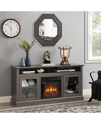 Modern Tv Media Stand Modern Entertainment Console with 18" Fireplace Insert for Tv Up to 65" with Open and Closed Storage Space, Dark Walnu