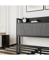 Queen Size Bed Frame, Storage Headboard with Charging Station, Solid and Stable, Noise Free, No Box Spring Needed, Easy Assembly