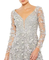 Mac Duggal Women's Floral Applique Long Sleeve Illusion Gown