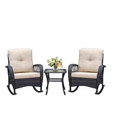 Simplie Fun 3 Pieces Conversation Set, Outdoor Wicker Rocker Patio Bistro Set, Rocking Chair with Glass Top Side Table