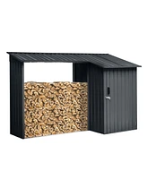 Streamdale Furniture Outdoor Steel Firewood Rack and Metal Storage Shed, Two-In-One, Black