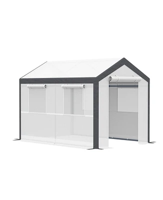 Simplie Fun 10' x 7' x 7' Walk-In Greenhouse, Outdoor Garden Warm Hot House with 4 Roll-up Windows, 2 Zippered Doors and Weather Cover, White