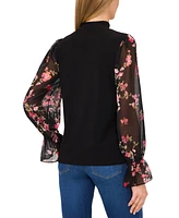 CeCe Women's Mock Neck Mixed-Media Floral Long-Sleeve Top