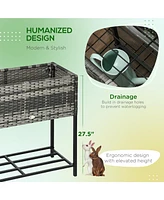 Raised Garden Bed, Elevated Planter Box with Rattan Wicker Look, Tool Storage Shelf, Portable Design for Herbs, Vegetables, Flowers, Gray